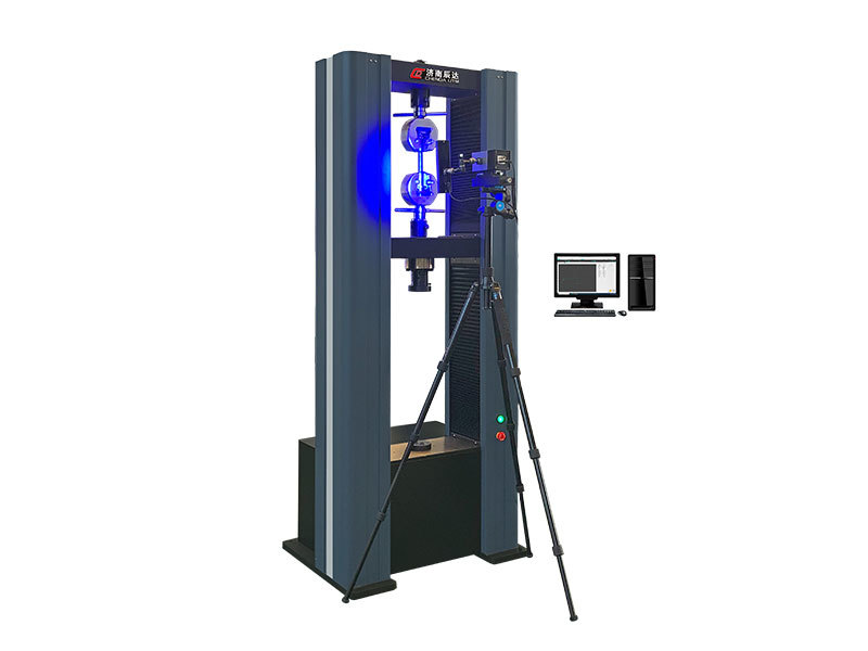 Electronic universal testing machine with video extensometer configuration